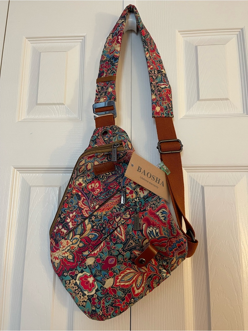 Multicolor Floral Crossbody Sling Bag with Adjustable Tan Strap